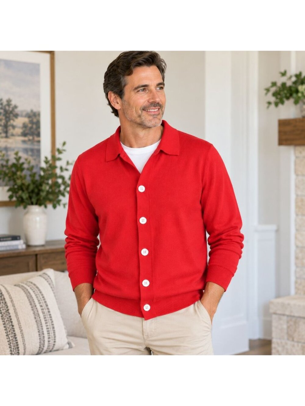 Mens Cardigan  Medium Red Collared Button Front Stretch Knit Casual Soft Sweater